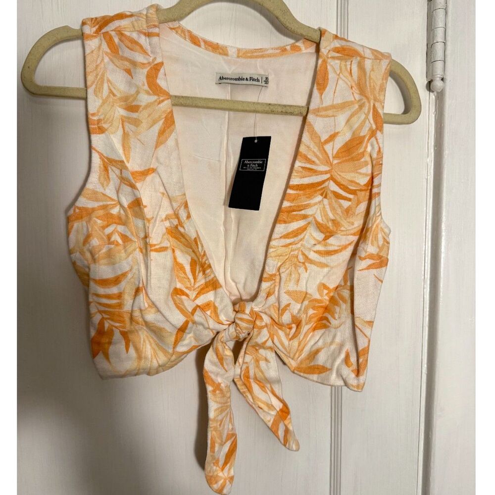 Abercrombie and Fitch Orange and White Floral Tie Front Linen Top NWT - Picture 1 of 4